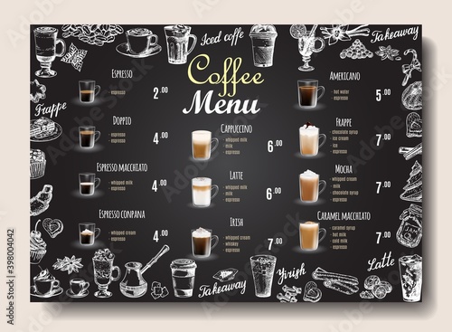 Coffee drinks menu price list on chalkboard for cafe, coffee shop vector template. Hand drawn cups, mugs with hot and cold beverages, takeaway drinks. Hand lettering.