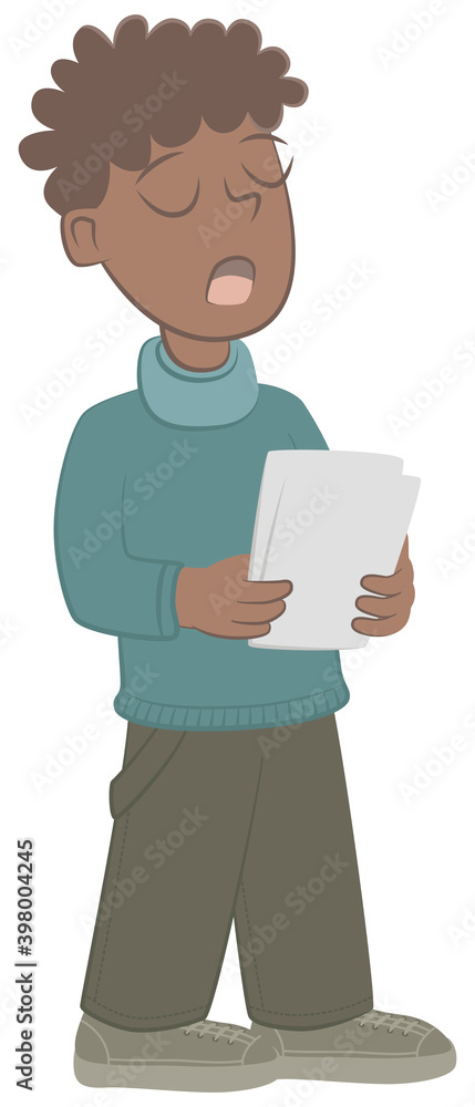 A cute little boy sings Christmas songs. Retro style illustration of a black boy singing with some sheet music in hand. A cute little boy sings Christmas songs. Retro style illustration of a black boy singing with some sheet music in hand.