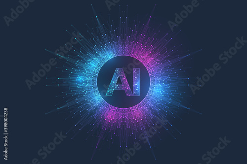 Artificial Intelligence Logo Plexus effect. Artificial Intelligence and Machine Learning Concept. Vector symbol AI. Neural networks and another modern technologies concepts. Technology sci-fi concept.