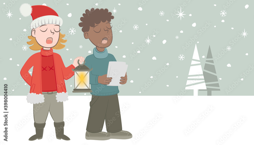 Fototapeta premium Two children singing Christmas songs. Retro style banner of uns children singing Christmas songs, while it is snowing.