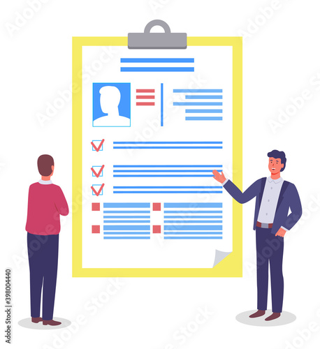 Resume template, vector graphic layout. Human resources department office workers check profile. Documents with personal data and photo of the applicant s person. Choosing a new employee to the team