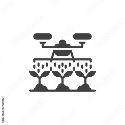 Drone irrigation vector icon. filled flat sign for mobile concept and web design. Drone watering plants glyph icon. Modern agricultural symbol, logo illustration. Vector graphics