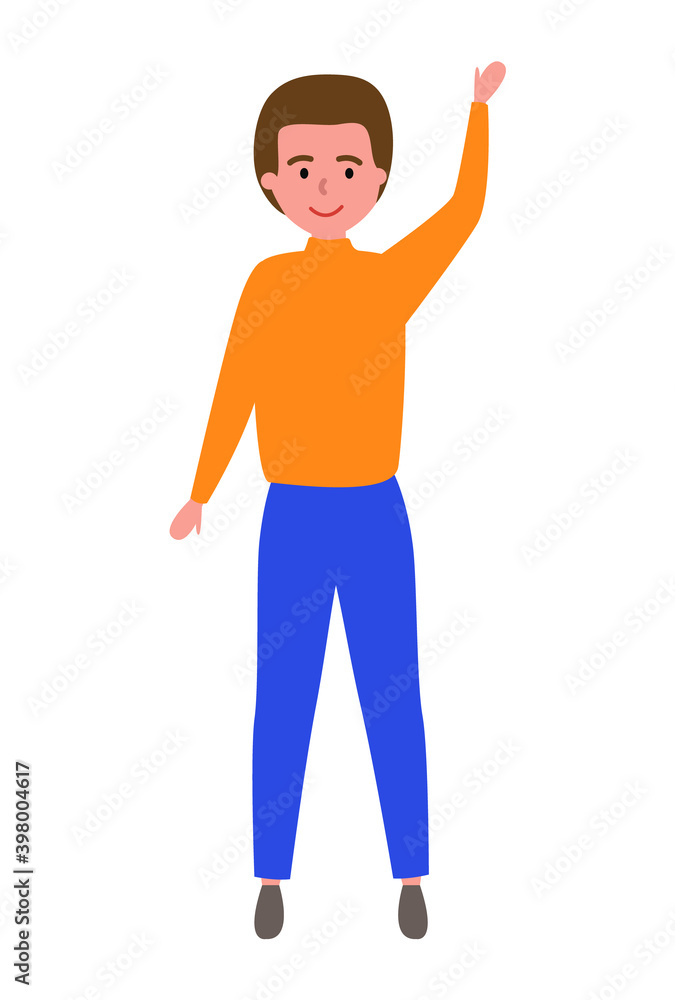 Boy putting up hand to gain attention vector illustration. Guy dressed in autumn clothes raising his hand up and waving. Male character isolated on white background. The person wants to give an answer Boy putting up hand to gain attention vector illustration. Guy dressed in autumn clothes raising his hand up and waving. Male character isolated on white background. The person wants to give an answer