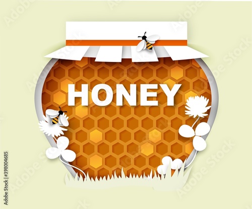 Natural floral honey jar, vector illustration in paper art style. Clover honey frame. Beekeeping, organic sweet product logo, label.