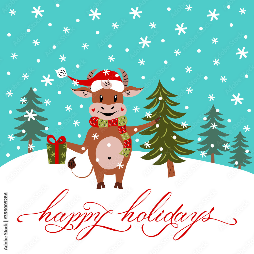 Cute bull with a gift and a Christmas tree in his hands. Cartoon character. The symbol of the New Year. Flat design. Vector. Funny animal, fir-tree, snowflakes. Greeting card. Cute bull with a gift and a Christmas tree in his hands. Cartoon character. The symbol of the New Year. Flat design. Vector. Funny animal, fir-tree, snowflakes. Greeting card.