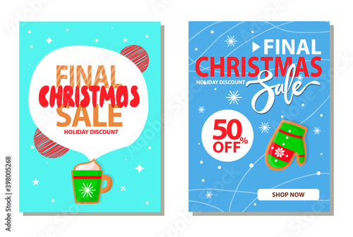 Final Christmas sale 50 off price reduced cost vector. Mug with hot beverage, gingerbread cookie in shape of mitten, cup with drink and marshmallow