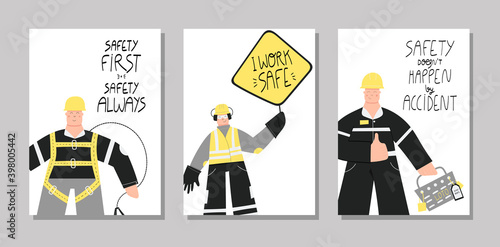 Collection of hand drawn posters with lettering about health and safety on production and construction industries. Set of posters - safety first, stay safe, live safe, think twice. Safety first quotes