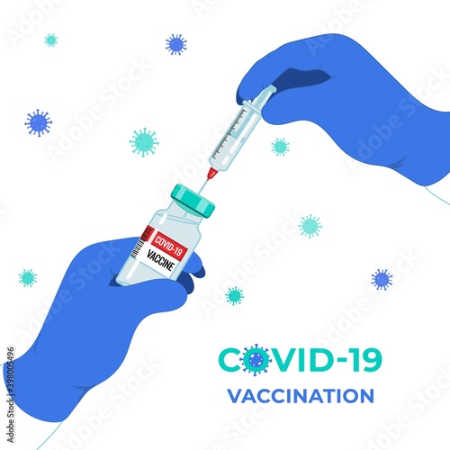 Anti Coronavirus disease COVID-19 infection medical vaccination concept. Doctor hands in medical gloves with syringe, vaccine antidote bottle. Prevention pandemic risk background. Vector illustration.