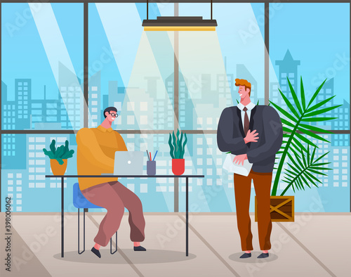 Office workers discussing matters. Businessmen dressed in formal clothes in the modern office interior with laptops talking. Business meeting and consideration of working issues. Friendly team work