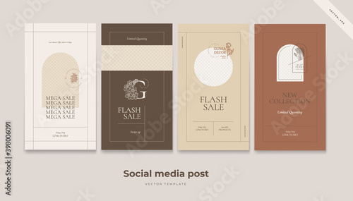 Social media stories and post creative with flowers logo. Background template with copy space for text and images for mobile apps, banners design and web internet ads.