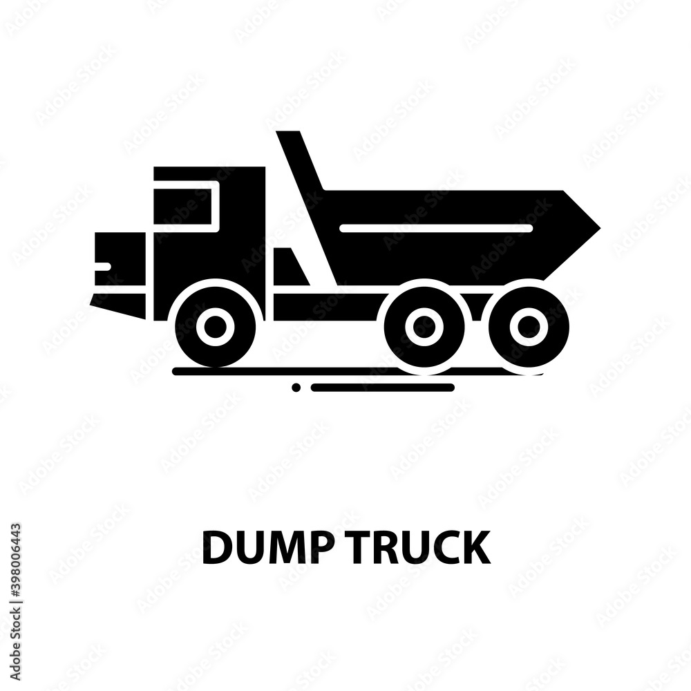 dump truck symbol icon, black vector sign with editable strokes, concept illustration