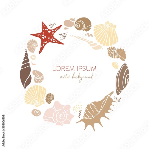 Round frame with decorative pastel shells isolated on white. A wreath with marine elements and a place for text in the center. Banner template for greeting cards and invitations. Vector illustration.