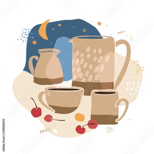 Decorative tea set with cups, teapot, milk jug on an abstract background with cherries. Banner concept about quiet holiday evenings at home. Scandinavian hygge. Cartoon vector illustration