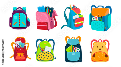 Colored school backpacks set. Backpacks with school supplies, notebooks, pencils, pens, rulers, scissors, paper. Education and study back to school, schoolbag luggage, rucksack vector illustration