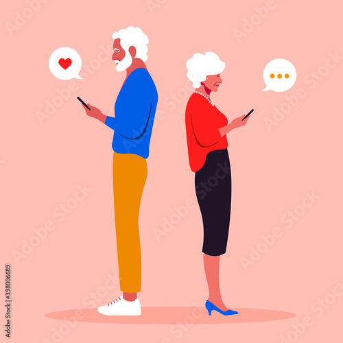 An elderly woman and a man stand in profile and look in their phones. Smartphones and technologies. Communication. Vector flat Illustration