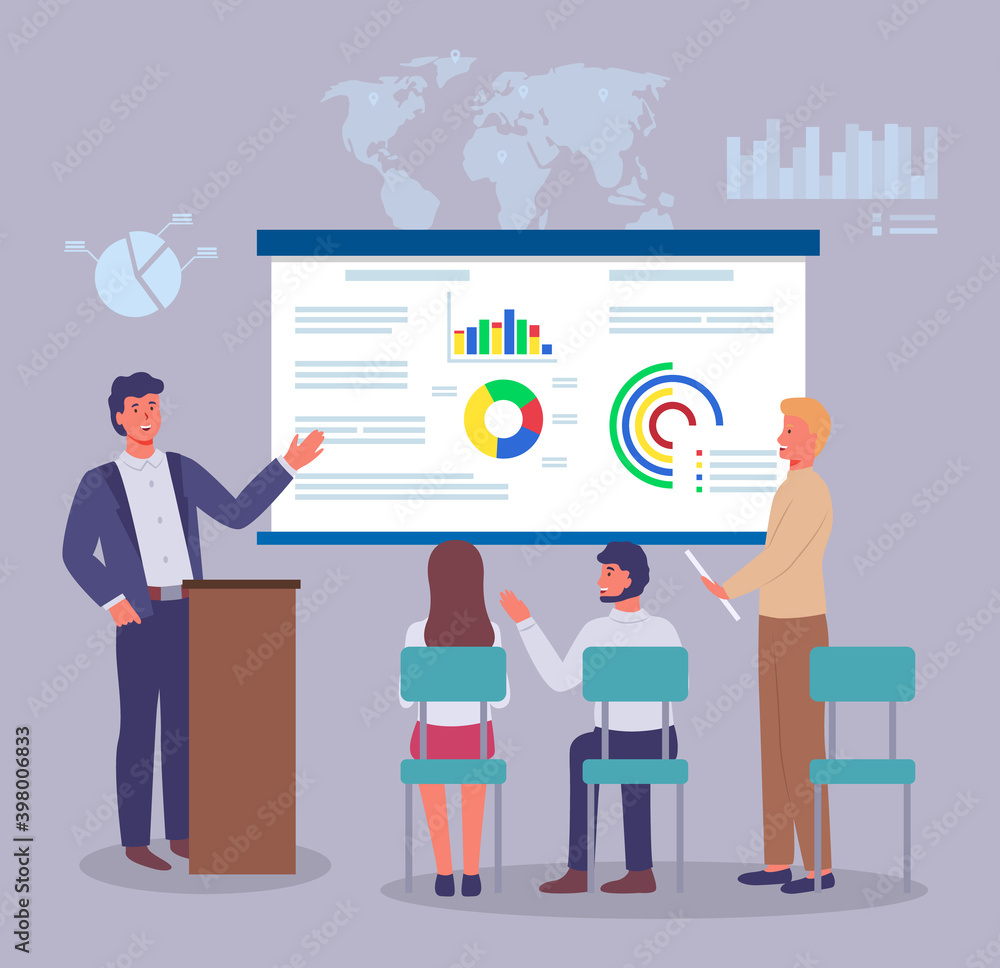 Office meeting businessmen discussing indicators. Man stands behind the podium makes a presentation to colleagues. Business people talking communicating, discussing presentation graphs and charts Office meeting businessmen discussing indicators. Man stands behind the podium makes a presentation to colleagues. Business people talking communicating, discussing presentation graphs and charts