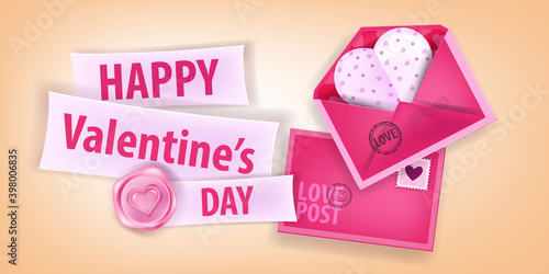 Valentine’s Day pink romantic vector background with envelopes, paper heart postcard, lettering, sealing wax. Happy holiday love greeting card 3D design. Valentine’s Day banner for sales, promotions