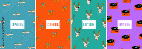 Merry Christmas. Big set of bright vector flat covers for copybook with deer, tangerines, champagne and a vinyl record player. Covers in  four colors for winter holidays. Winter Christmas copybooks.