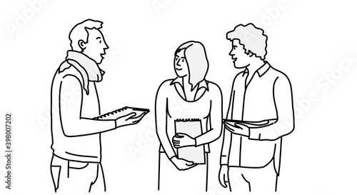 Group of students, they keep books and notebooks. Hand drawn vector illustration.
