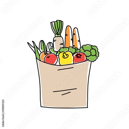 Paper bag with groceries. Hand drawn vector illustration.