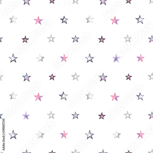 Stars watercolor pattern, seamless illustration on white background with grey, pink, violet and black abstract stars.