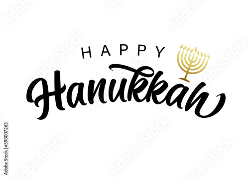 Happy Hanukkah lettering with golden menorah. Jewish festival of lights with gold menorah candles on white background. Holiday Hanuka vector illustration