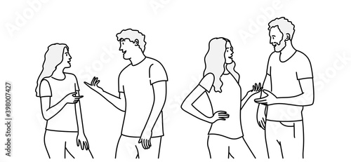 Talking colleagues, students, teamwork. Hand drawn vector illustration.