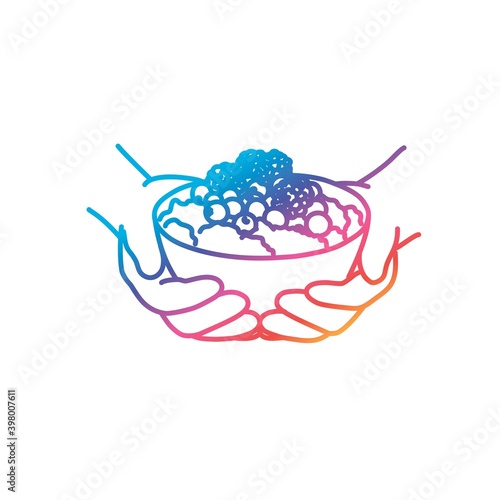 Human hands show porridge with fruit in a bowl. Gradient line. Vector illustration.