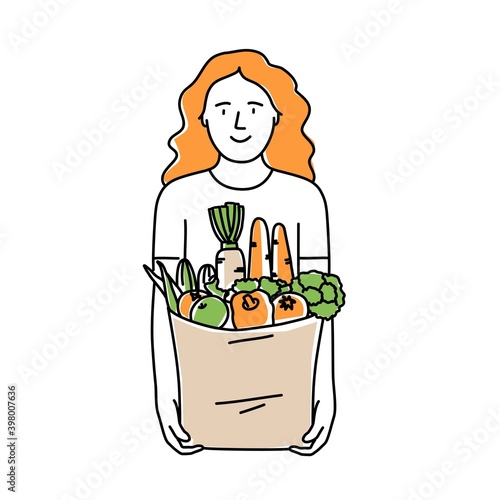Young girl holding a paper bag with groceries. Hand drawn vector illustration.