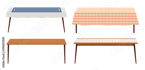 Set of wooden dining tables. Furniture model made of wood for the interior of a room for eating. Arrangement of furniture at home. Tables with different tableclothes isolated on white background