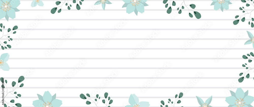 Wide banner with flowers and leaves. White wooden background in flat style. A poster with a place for the text. Vector. Wide banner with flowers and leaves. White wooden background in flat style. A poster with a place for the text. Vector.