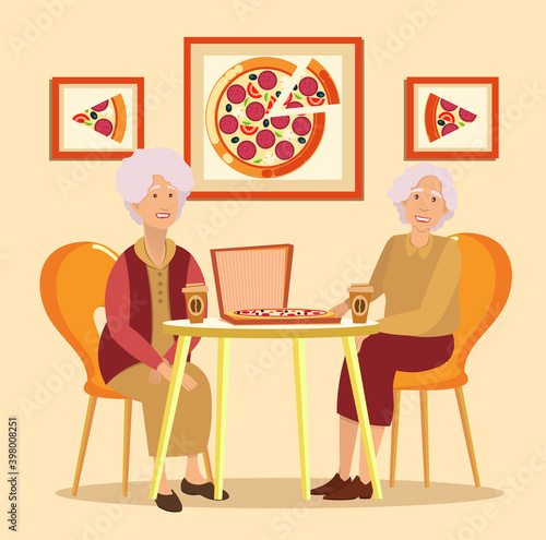Two old women are sitting at desk and eating fastfood in restaurant. Female characters are visiting cafe to eat pizza and drink coffee on weekend. Elderly friends in pizzeria vector illustration