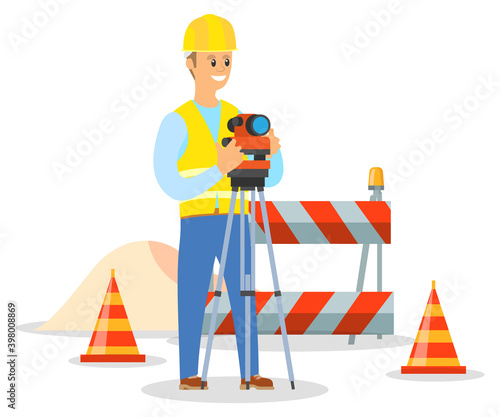 Geodesist engineer working with tachymeter on construction. Foreman or builder in helmet takes measurements, man standing near the barrage equipment and the road repair sign isolated on white