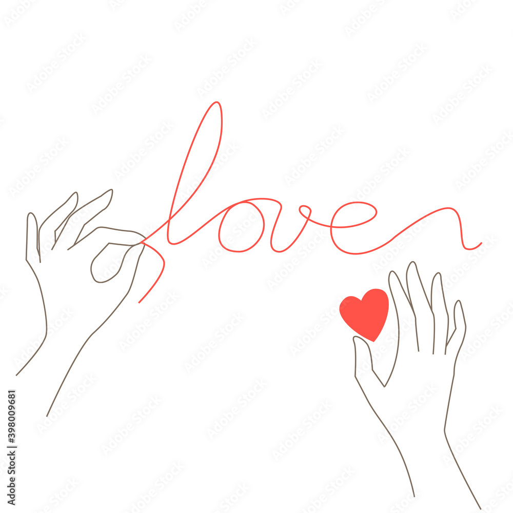 A female hands write a word love by thread. Valentines day poster on a white background. Confession of feelings.