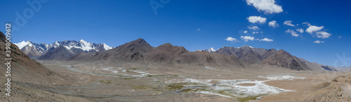 Panoramic view with pastel colors of mountains towards the north from high-altitude Pamir Highway at Ak Baital pass in Murghab district, Gorno-Badakshan, Tajikistan