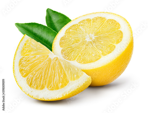 Lemon fruit with leaf isolate. Lemon half, slice, leaves on white. Lemon slices with zest isolated. With clipping path. Full depth of field. photo