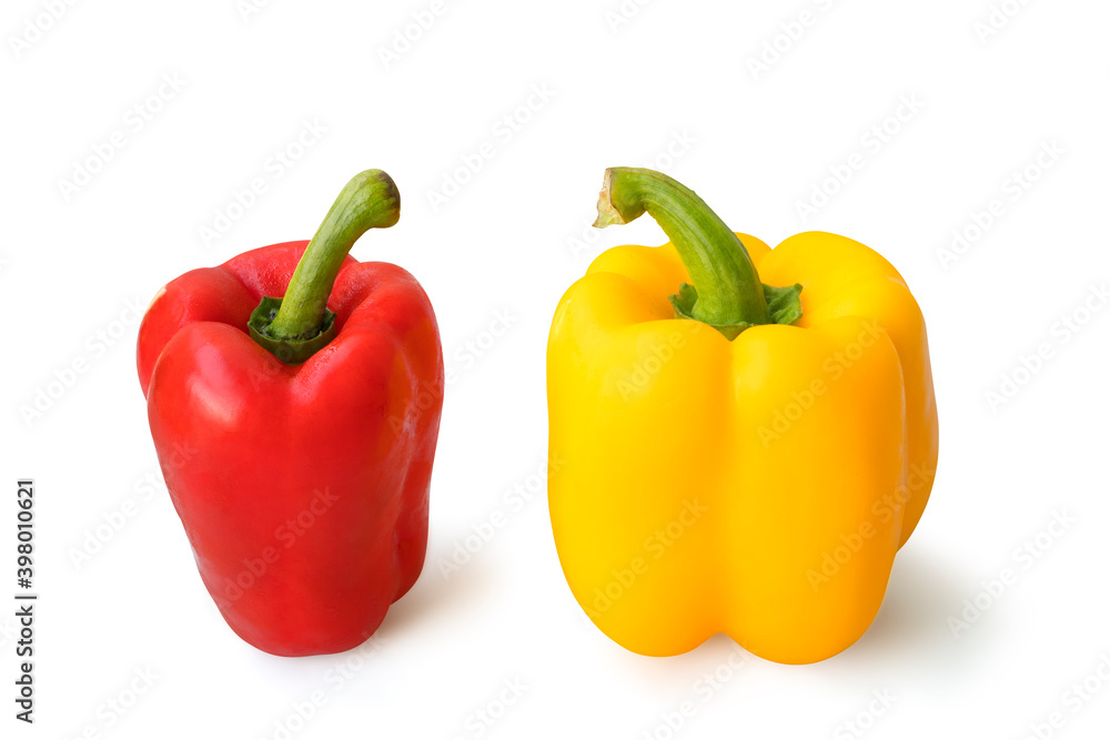 Peppers fresh two red, yellow isolated on white background Peppers fresh two red, yellow isolated on white background
