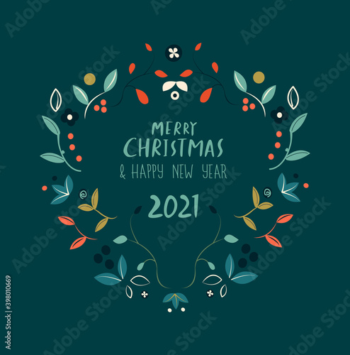 Christmas, Happy New Year Greeting Card with Calligraphic Wishes,Composition of Garland Wreath Mistletoe, Snowfall.Banner Festive Elements. Invitation Picure Winter Holidays. Flyer Vector Illustration