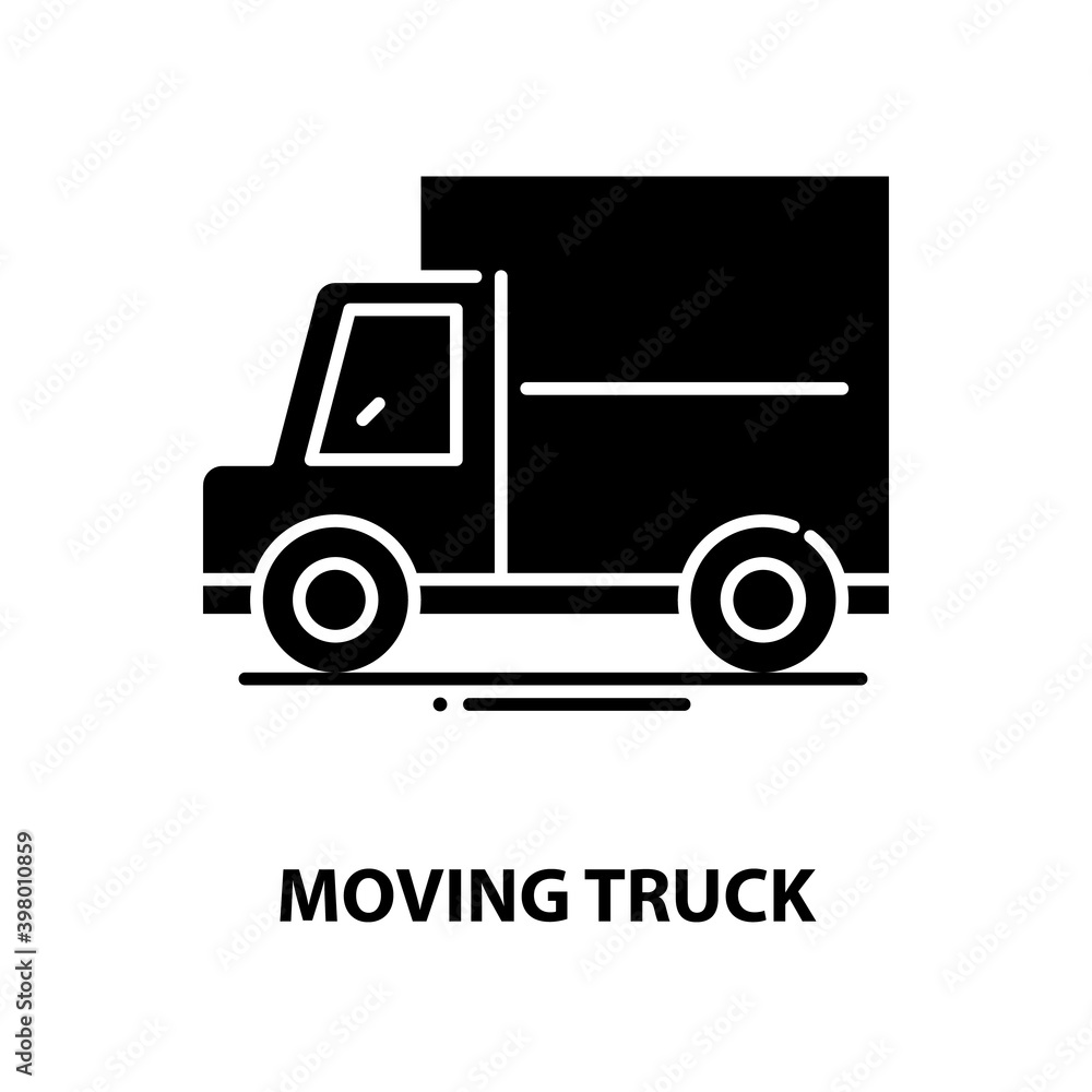 moving truck symbol icon, black vector sign with editable strokes, concept illustration