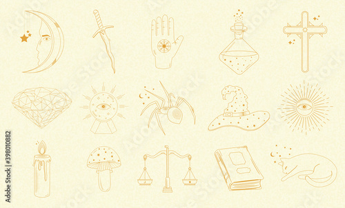 Collection of Mystical and Astrology objects, cat, book, candle, sword, magic ball, sun, spider and others, human hands. Minimalistic object made in the style of one line. Editable vector illustration