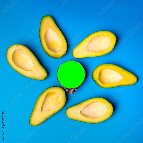 Yellow mango on a blue background with a place under the logo