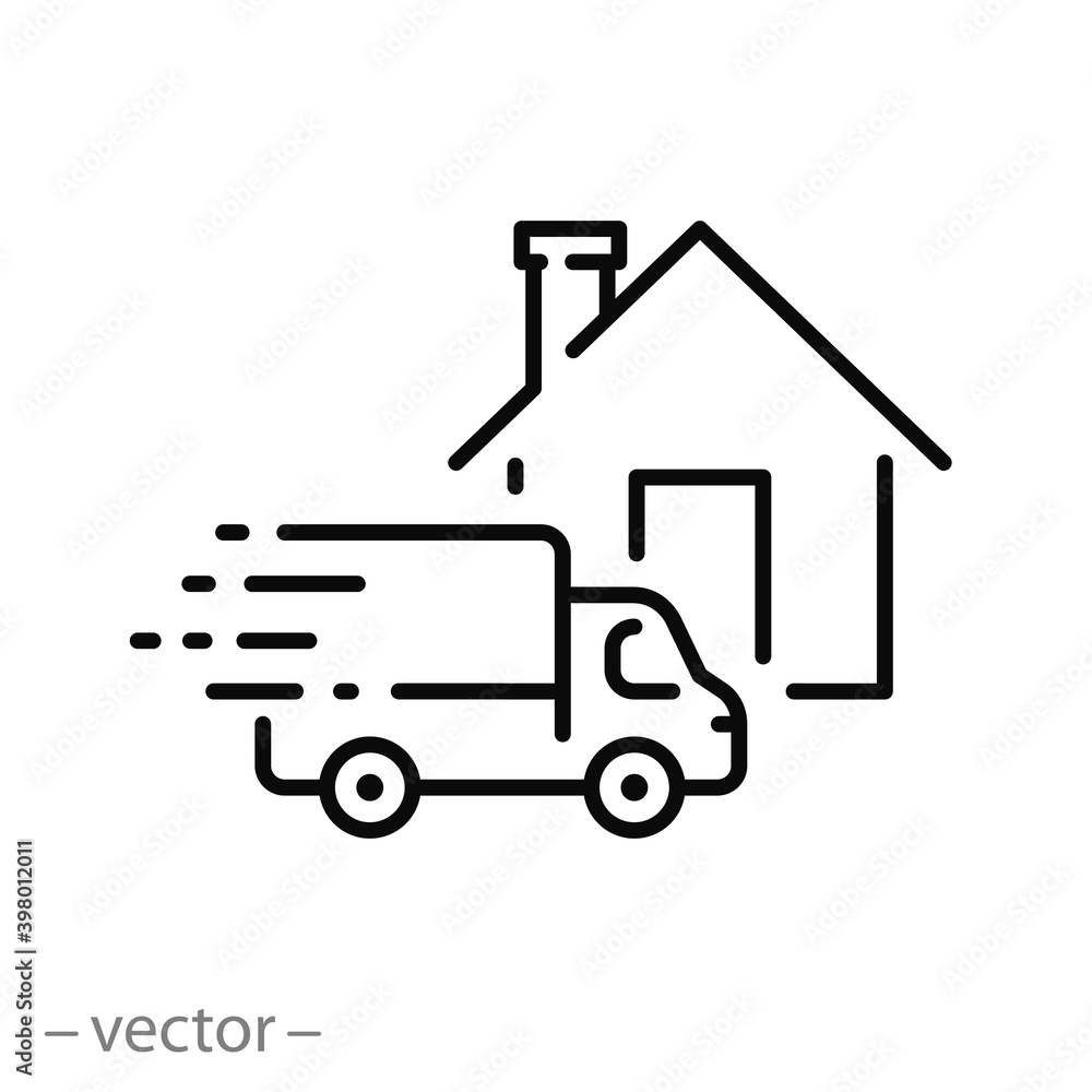 fast delivery home icon, commerce service truck, order express, quick move, line symbol on white background - editable stroke vector illustration eps10