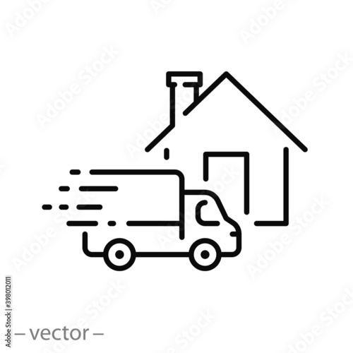 fast delivery home icon, commerce service truck, order express, quick move, line symbol on white background - editable stroke vector illustration eps10