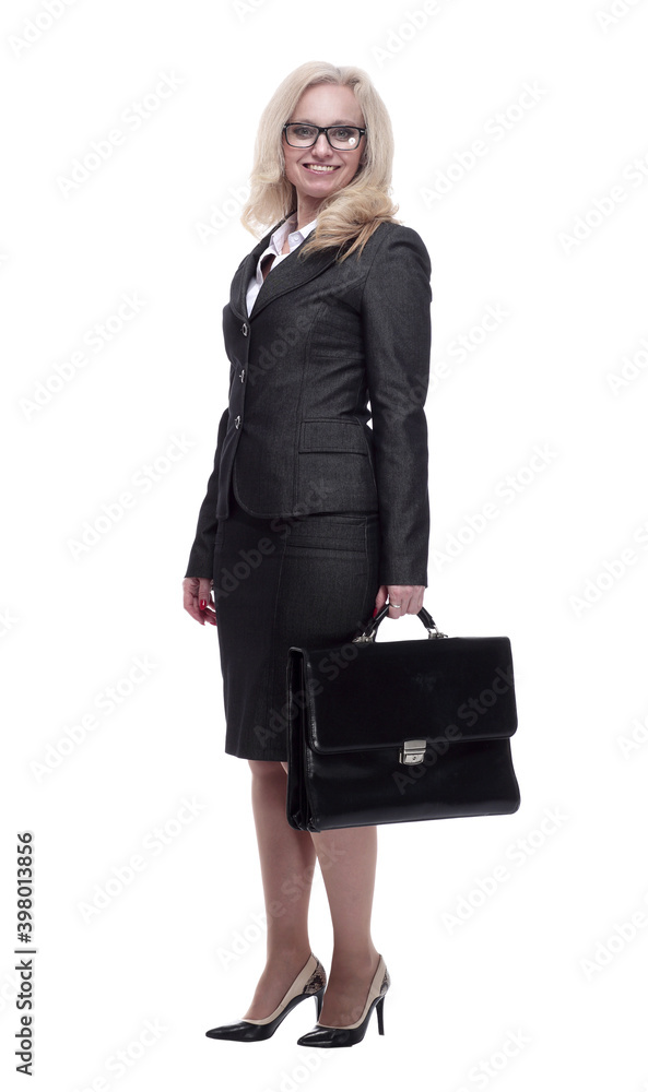smiling business woman with a leather briefcase. isolated on a white smiling business woman with a leather briefcase. isolated on a white