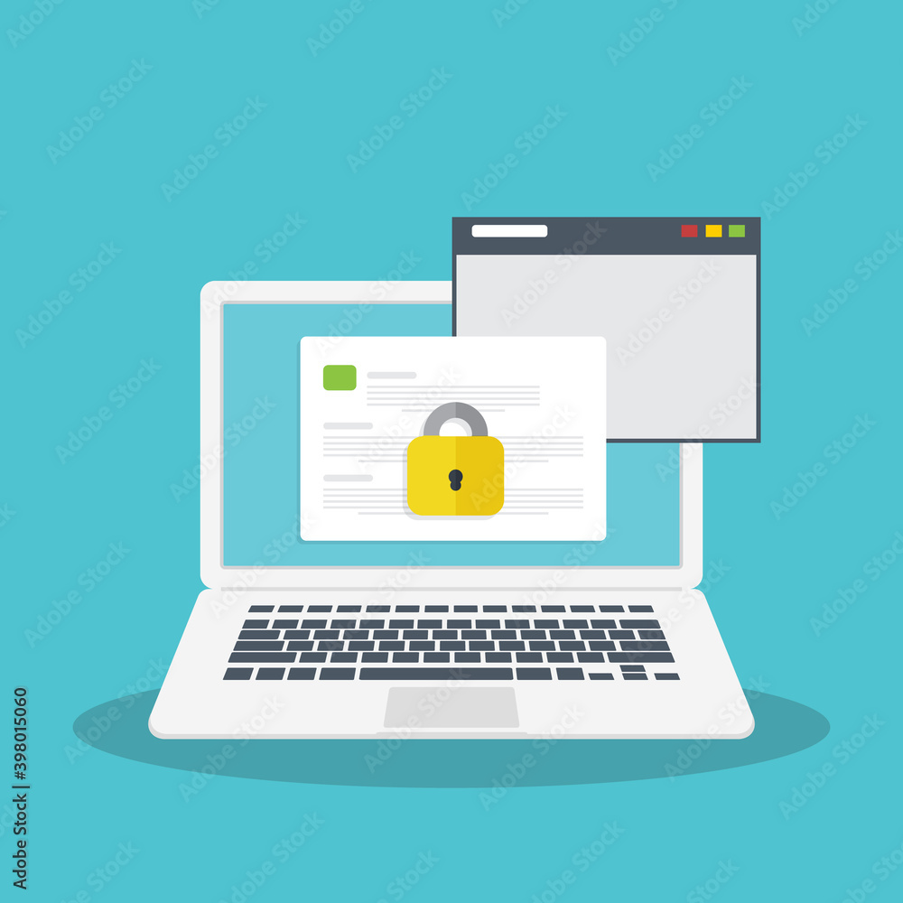 Locked access to document. Secure confidential document on a laptop, padlock on document, online access with private lock, illustration. Locked access to document. Secure confidential document on a laptop, padlock on document, online access with private lock, illustration.