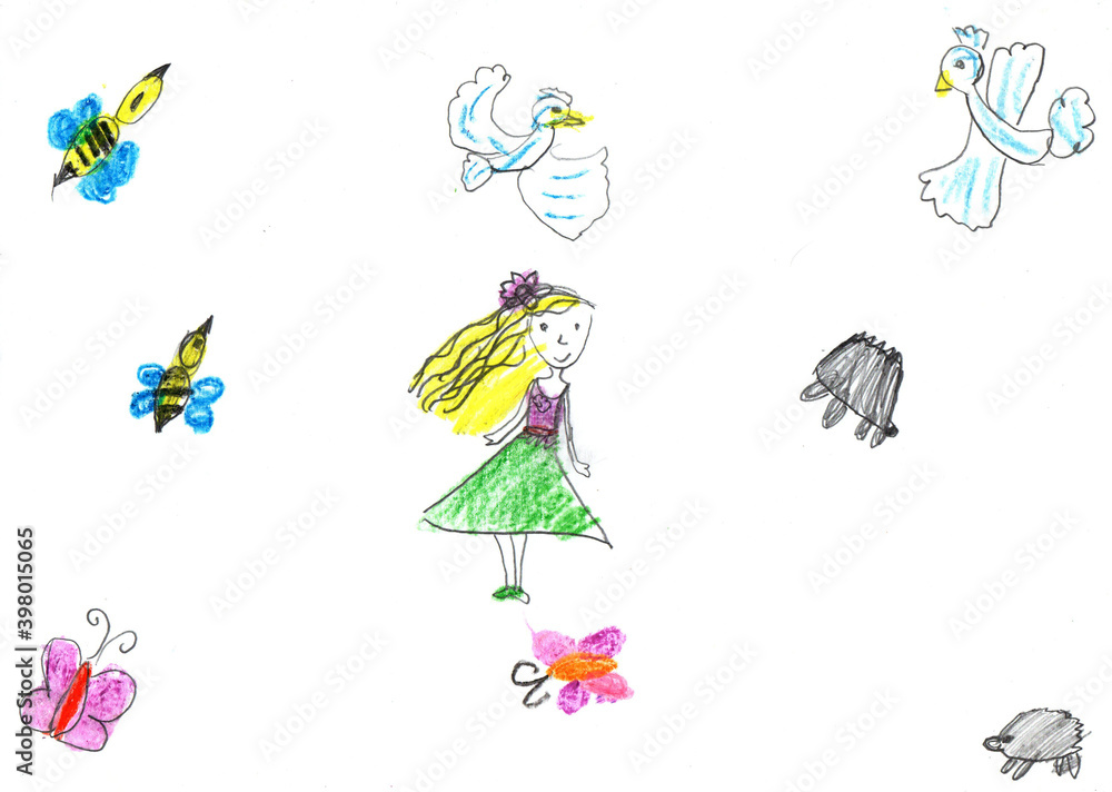 Child's drawing of a happy girl on a walk outdoors Child's drawing of a happy girl on a walk outdoors