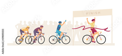 Racing bicyclists people on bikes. Marathon finish. Group sportsmen cyclists on home stretch. Ribbon breaker winner. Cyclists racing bike winner cross finish line. Winning champion concept