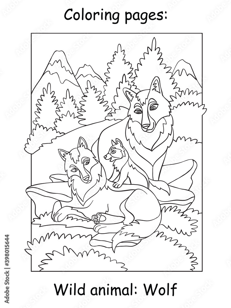 Children coloring book page wolves vector illustration Stock Vector