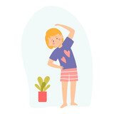 little girl doing exercises. Healthy lifestyle concept. Vector illustration for banners, posters, postcard. Cartoon style character
