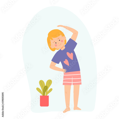 little girl doing exercises. Healthy lifestyle concept. Vector illustration for banners, posters, postcard. Cartoon style character
